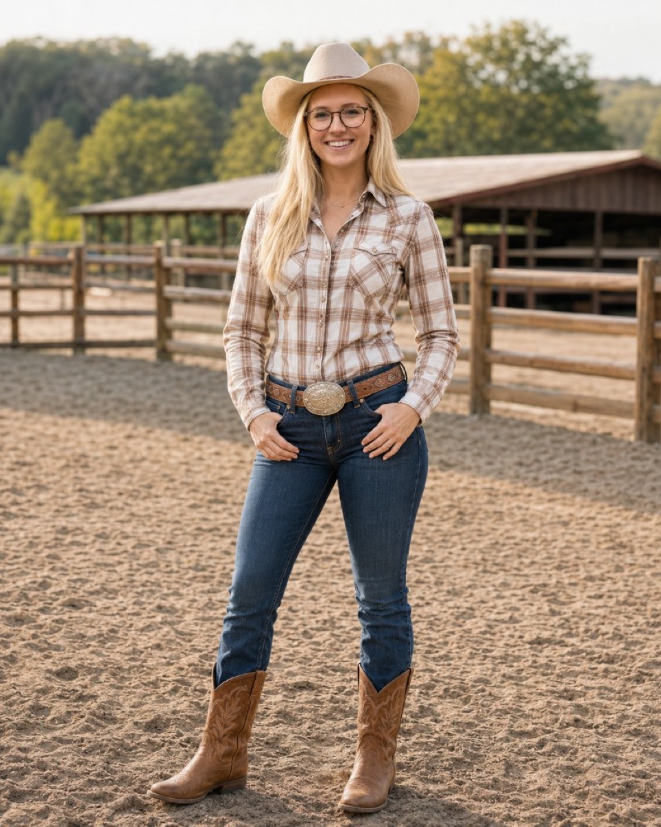 Natalie Oppenheimer, Founder and CEO of Equestro Labs, standing at a ranch arena in western attire